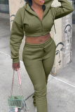 Grey Casual Solid Color Zipper Hooded Long Sleeve Two Pieces