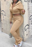 Grey Casual Solid Color Zipper Hooded Long Sleeve Two Pieces