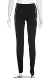 Black Sexy Solid Color Lace Skinny Conventional Patchwork Bottoms
