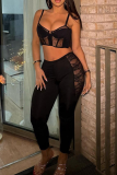 Black Sexy Solid Color Lace Skinny Conventional Patchwork Bottoms