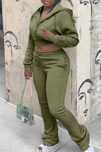 Green Casual Solid Color Zipper Hooded Long Sleeve Two Pieces