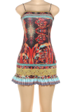 Red Sexy Print Backless Spaghetti Strap Wrapped Skirt Dresses