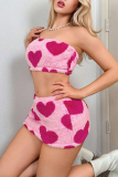 Pink Sexy Heart Shaped Contrast Strapless Sleeveless Two Pieces