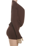 Brown Sexy Solid Color Patchwork V Neck Wrapped Skirt Dresses