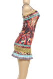 Red Sexy Print Backless Spaghetti Strap Wrapped Skirt Dresses