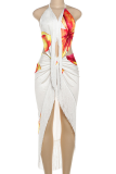 White Sexy Print Fringed Trim Backless Deep V Neck Sleeveless Two Pieces