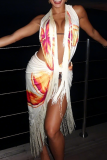 White Sexy Print Fringed Trim Backless Deep V Neck Sleeveless Two Pieces
