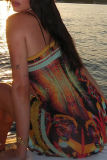 Red Sexy Print Backless Spaghetti Strap Wrapped Skirt Dresses