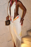 White Sexy Print Fringed Trim Backless Deep V Neck Sleeveless Two Pieces