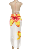 White Sexy Print Fringed Trim Backless Deep V Neck Sleeveless Two Pieces