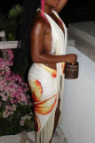 White Sexy Print Fringed Trim Backless Deep V Neck Sleeveless Two Pieces