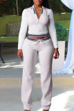 White Casual Stripe Zipper Turndown Collar Long Sleeve Two Pieces