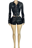 Grey Sexy Solid Color Zipper Turndown Collar Long Sleeve Two Pieces