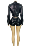 Grey Sexy Solid Color Zipper Turndown Collar Long Sleeve Two Pieces