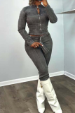 Dark Gray Casual Solid Color Zipper O Neck Long Sleeve Two Pieces