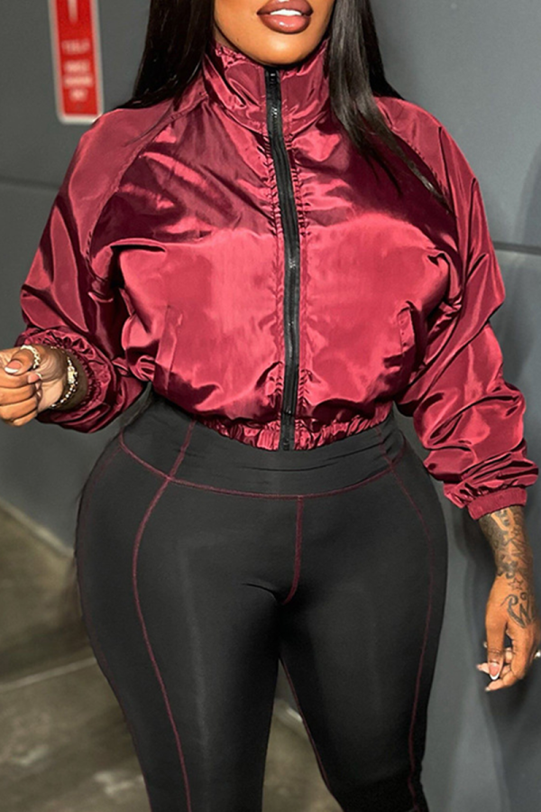 Burgundy Casual Contrast Zipper Collar Long Sleeve Two Pieces