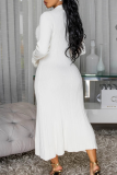 White Casual Solid Color Buckle Turndown Collar Long Dresses