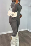 Dark Gray Casual Solid Color Zipper O Neck Long Sleeve Two Pieces