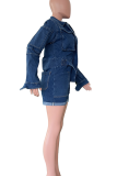 Blue Casual Solid Color Pocket Buckle Turndown Collar Long Sleeve Regular Denim Jumpsuits