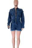 Blue Casual Solid Color Pocket Buckle Turndown Collar Long Sleeve Regular Denim Jumpsuits