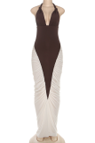 Brown Sexy Backless Contrast Halter Long Dresses