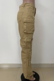 Khaki Casual Solid Color Pocket Regular Conventional Patchwork Bottoms
