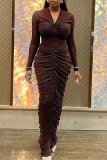 Dark Brown Elegant Solid Color Ruched V Neck Long Dresses