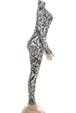 Grey Sexy Print Patchwork Turtleneck Skinny Jumpsuits