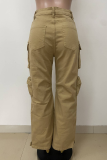 Khaki Casual Solid Color Pocket Regular Conventional Patchwork Bottoms