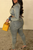 Blue Casual Solid Color Zipper Turndown Collar Long Sleeve Two Pieces