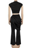 Black Sexy Solid Color Ruched O Neck Sleeveless Two Pieces