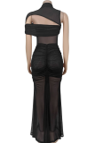 Black Sexy Solid Color Hollow Out Mesh O Neck Two Pieces