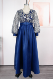 Blue Elegant Stripe Slit With Belt V Neck Long Plus Size Dresses