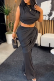 Black Sexy Solid Color Ruched O Neck Sleeveless Two Pieces