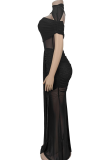 Black Sexy Solid Color Hollow Out Mesh O Neck Two Pieces