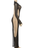 Black Sexy Solid Color Contrast O Neck Wrapped Skirt Dresses