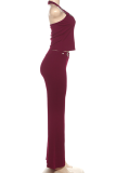 Burgundy Sexy Solid Color Hollow Out U Neck Sleeveless Two Pieces