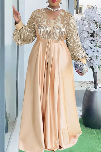 Champagne Elegant Stripe Slit With Belt V Neck Long Plus Size Dresses