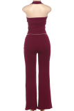 Burgundy Sexy Solid Color Hollow Out U Neck Sleeveless Two Pieces