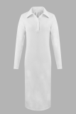 White Casual Solid Color Slit Turndown Collar Long Dresses