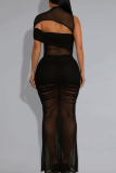 Black Sexy Solid Color Hollow Out Mesh O Neck Two Pieces