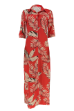 Yellow Casual Print Buckle Turndown Collar Long Dresses
