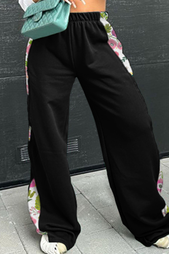 Black Casual Print Contrast Loose Wide Leg Patchwork Bottoms