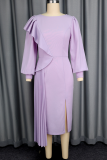 Purple Elegant Solid Color Slit Flounce O Neck Wrapped Skirt Dresses