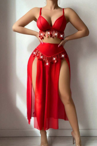 Red Sexy Solid Color Fringed Trim Lingerie