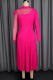 Rose Red Elegant Solid Color Pleated O Neck Long Dresses