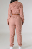 Pink Casual Solid Color Zipper Hooded Long Sleeve Two Pieces