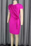 Rose Red Elegant Solid Color Flounce O Neck Wrapped Skirt Dresses