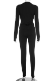 Black Sexy Solid Color Hollow Out O Neck Long Sleeve Two Pieces