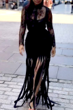 Black Sexy Solid Color Fringed Trim Mesh Turndown Collar Long Sleeve Two Pieces